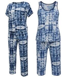 LUCKY BRAND 3pc Blue & White Tie Dye Lounge Pajamas Set ~ Women's LARGE